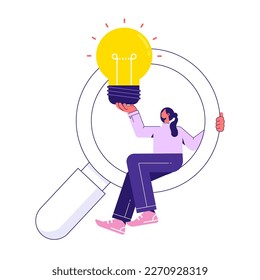 Find new ideas in business. New opportunity, idea or inspiration, innovation or creativity, woman with light bulb ideas sit on magnifying glass