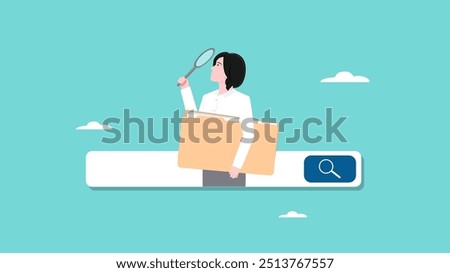 find new job or explore website concept, looking for job vacancies, browse the internet to get information, search concept, woman looking for job information in the search box using magnifying glass