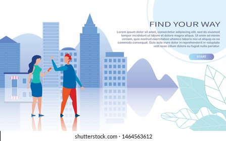 Find New Way Motivational Landing Page Mockup. Man and Woman over Metaphor Cityscape Reflected on Floor. Lady Networking via Smartphone. Guy Brainstorming. Vector Flat Cartoon Illustration