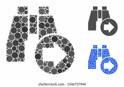 Find next binoculars mosaic of round dots in variable sizes and color tinges, based on find next binoculars icon. Vector round dots are united into blue collage.