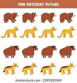 Find north American animal which is different from others. Worksheet for kids.