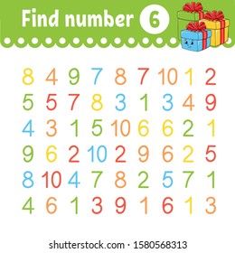 Find number. Education developing worksheet. Activity page with pictures. Game for children. Isolated vector illustration. Funny character. Cartoon style.