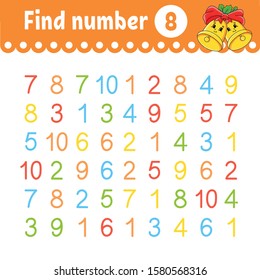 Find number. Education developing worksheet. Activity page with pictures. Game for children. Isolated vector illustration. Funny character. Cartoon style.