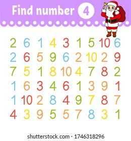 Find number. Education developing worksheet. Activity page with pictures. Game for children. Color isolated vector illustration. Funny character. Cartoon style.