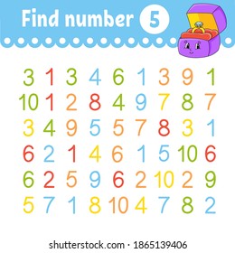 Find number. Education developing worksheet. Activity page with pictures. Game for children. Color isolated vector illustration. Funny character. Cartoon style.