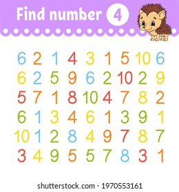 Find number. Education developing worksheet. Activity page with pictures. Game for children. Color isolated vector illustration. Funny character. Cartoon style.