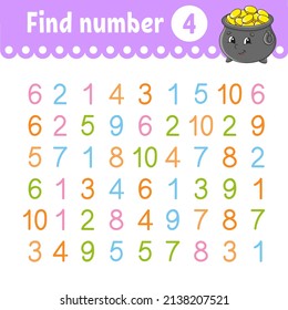Find number. Education developing worksheet. Activity page with pictures. Game for children. Color isolated vector illustration. Funny character. cartoon style.