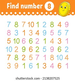 Find number. Education developing worksheet. Activity page with pictures. Game for children. Color isolated vector illustration. Funny character. cartoon style.