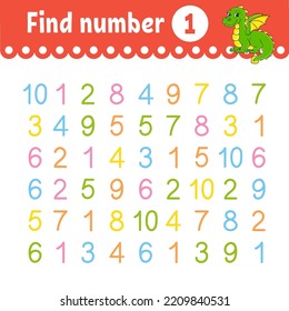 Find Number. Education Developing Worksheet. Activity Page With Pictures. Game For Children. Funny Character. Cartoon Style. Vector Illustration.