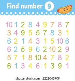Find number. Education developing worksheet. Activity page with pictures. Game for children. Funny character. cartoon style. Vector illustration.