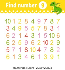 Find number. Education developing worksheet. Activity page with pictures. Game for children. Funny character. cartoon style. Vector illustration.