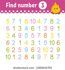 Find number. Education developing worksheet. Activity page with pictures. Game for children. Funny character. cartoon style. Vector illustration.