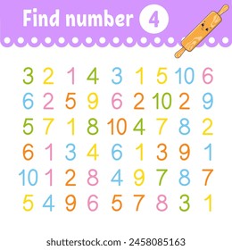 Find number. Education developing worksheet. Activity page with pictures. Game for children. Funny character. cartoon style. Vector illustration.