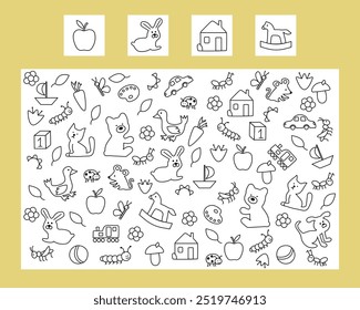 Find an object or animal game. Educational game for attention. Printable sheet.