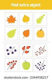 Find the object. Kindergarten logic kid lessons, skill play puzzle for kids. Logical games for preschool, kindergarten learning, homeschooling. Cute vector animals. 