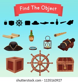 Find the object. Objects from a pirate ship.Vector illustration in cartoon style.