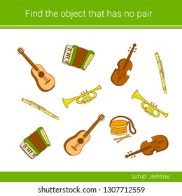Find the object that has no pair. Children education game. Musical instruments. 