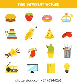 Find object which is different from others. Worksheet for kids. Five senses.