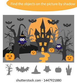 Find the objects by shadow, game with halloween theme for children in cartoon, education game for kids, preschool worksheet activity, task for the development of logical thinking, vector illustration