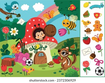 Find to Objects and Little Animals in the Nature. Hidden Objects Educational Game. Vector Illustration for Children.
