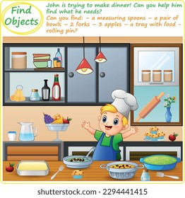 Find Objects Logical Printable Worksheet, Funny Cartoon, The boy in the kitchen prepares dinner.