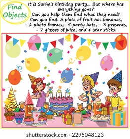 Find Objects Logical Printable Worksheet, Funny Cartoon, Party for Happy Birthday with so many items