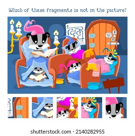 Find objects in picture. Game for children. Cute badgers read books in bedroom. Cartoon character vector illustration.