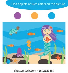 Find objects of same colors, game for children in cartoon style, education game for kids, preschool worksheet activity, task for the development of logical thinking, vector illustration