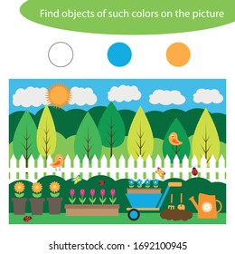 Find objects of same colors, garden game for children in cartoon style, education game for kids, preschool worksheet activity, task for the development of logical thinking, vector illustration