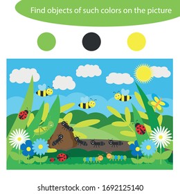 Find objects of same colors, insects game for children in cartoon style, education game for kids, preschool worksheet activity, task for the development of logical thinking, vector illustration