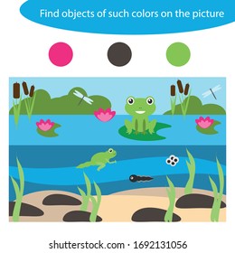 Find objects of same colors, pond life, game for children in cartoon style, education game for kids, preschool worksheet activity, task for the development of logical thinking, vector illustration