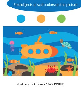 Find objects of same colors, underwater game for children in cartoon style, education game for kids, preschool worksheet activity, task for the development of logical thinking, vector illustration