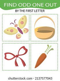 Find odd one out BY THE FIRST LETTER - ALPHABET game for kids to study LETTERS and develop logic. Printable worksheet. Educational game for children.