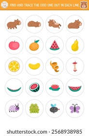 Find the odd one out. Capybara logical activity for kids. Capibara educational quiz worksheet for attention skills. Printable game with cute animals, flowers, fruits, insects, food, tangerine