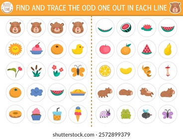 Find the odd one out. Capybara logical activity for kids. Capibara educational quiz worksheet for attention skills. Printable game with cute animals, flowers, fruits, insects, food, tangerine