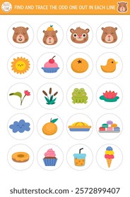 Find the odd one out. Capybara logical activity for kids. Capibara educational quiz worksheet for attention skills. Printable game with cute animals, flowers, fruits, insects, food, tangerine