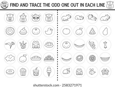 Find the odd one out. Capybara black and white logical activity for kids. Capibara educational line quiz worksheet. Printable game, coloring page with cute animals, flowers, fruits, food, tangerine
