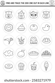 Find the odd one out. Capybara black and white logical activity for kids. Capibara educational line quiz worksheet. Printable game, coloring page with cute animals, flowers, fruits, insects, tangerine