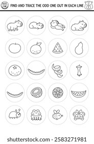 Find the odd one out. Capybara black and white logical activity for kids. Capibara educational line quiz worksheet. Printable game, coloring page with cute animals, flowers, fruits, insects, tangerine