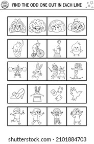 Find the odd one out. Circus black and white logical activity for children. Amusement show educational line quiz worksheet for kids for attention skills. Simple printable game or coloring page
