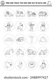 Find the odd one out. Construction site black and white logical activity for kids. Building works educational quiz worksheet or coloring page. Printable game with vehicles, builders, tools
