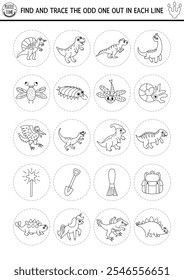 Find the odd one out. Dinosaur black and white logical activity for kids. Prehistoric educational line quiz worksheet for attention skills. Dino printable game, coloring page with T-rex, insects, tool