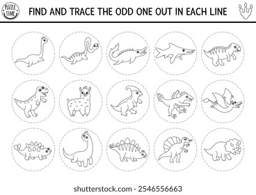 Find the odd one out. Dinosaur black and white logical activity for kids. Prehistoric educational line quiz worksheet for attention skills. Dino land printable game, coloring page with T-rex
