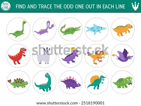 Find the odd one out. Dinosaur logical activity for kids. Prehistoric educational quiz worksheet for attention skills. Dino land printable game with T-rex, water, carnivorous, herbivorous animals
