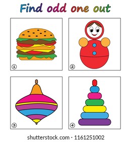 Find odd one out - game for kids. Worksheet. Visual Educational Game for children.
