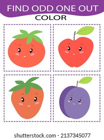 Find Odd One Out - Game For Kids To Study Colors, Fruit And Vegetables And Develop Logic. Printable Worksheet. Educational Game For Children, Kids Preschool Age.