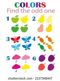 Find Odd One Out - Game For Kids To Study Colors, Objects, Fruit, Sweets, Butterflies And Develop Logic. Printable Worksheet. Educational Game For Children, Kids Preschool Age.