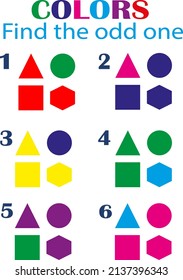 Find odd one out - game for kids to study colors, shapes and develop logic. Printable worksheet. Educational game for children, kids preschool age.