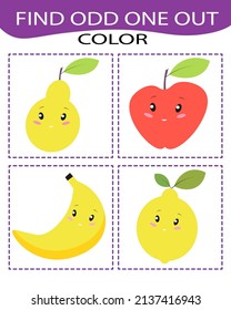 Find Odd One Out - Game For Kids To Study Colors, Fruit And Vegetables And Develop Logic. Printable Worksheet. Educational Game For Children, Kids Preschool Age.