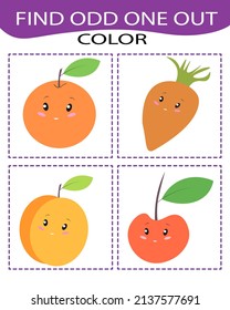 Find Odd One Out - Game For Kids To Study Colors, Fruit And Vegetables And Develop Logic. Printable Worksheet. Educational Game For Children, Kids Preschool Age.